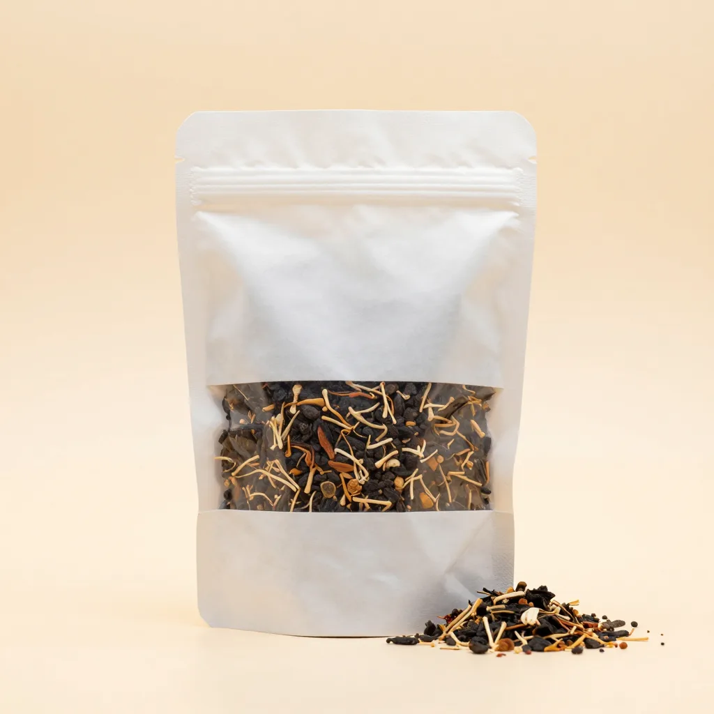 A pouch of loose organic rooibos on a light background