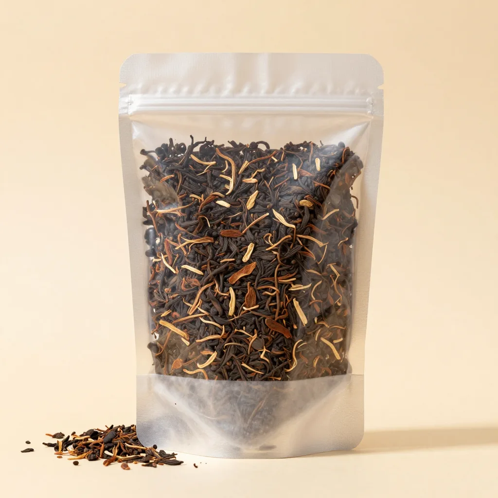 A pouch of fine-cut rooibos on a light background