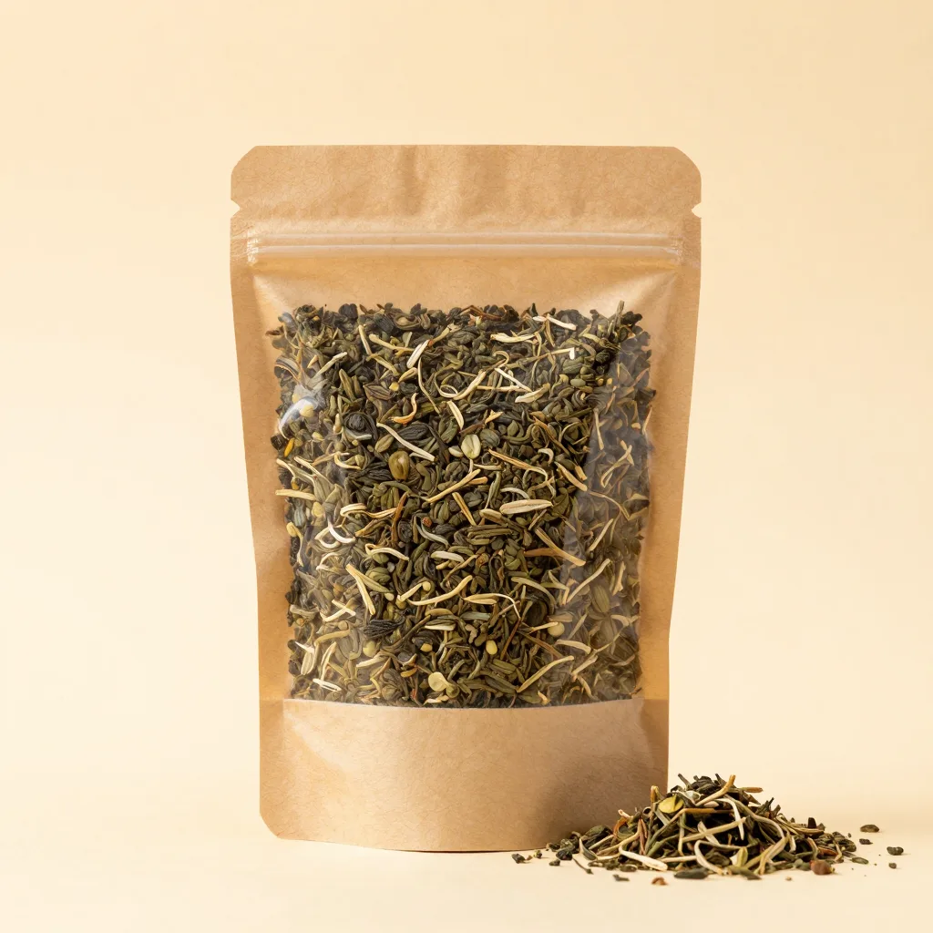 A pouch of green rooibos on a light background