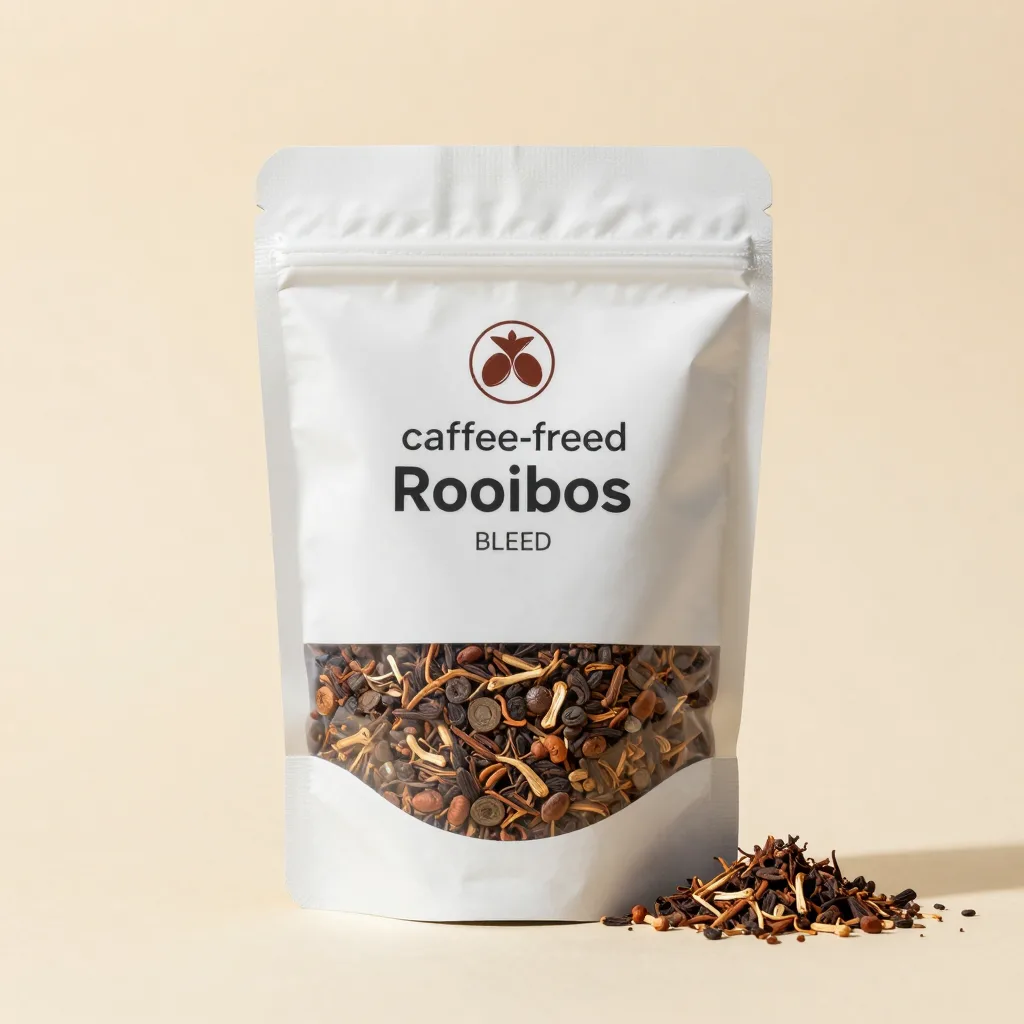 A pouch of caffeine-free rooibos blend on a light background