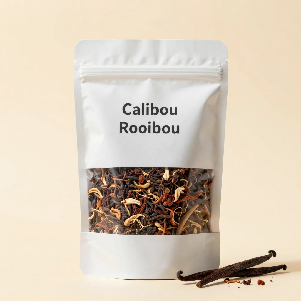 A pouch of vanilla-flavoured rooibos on a light background