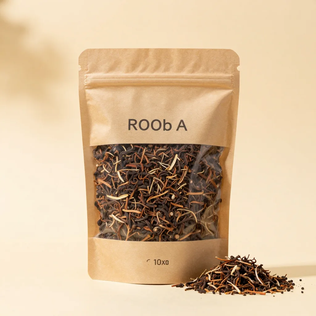A large pouch of rooibos on a light background