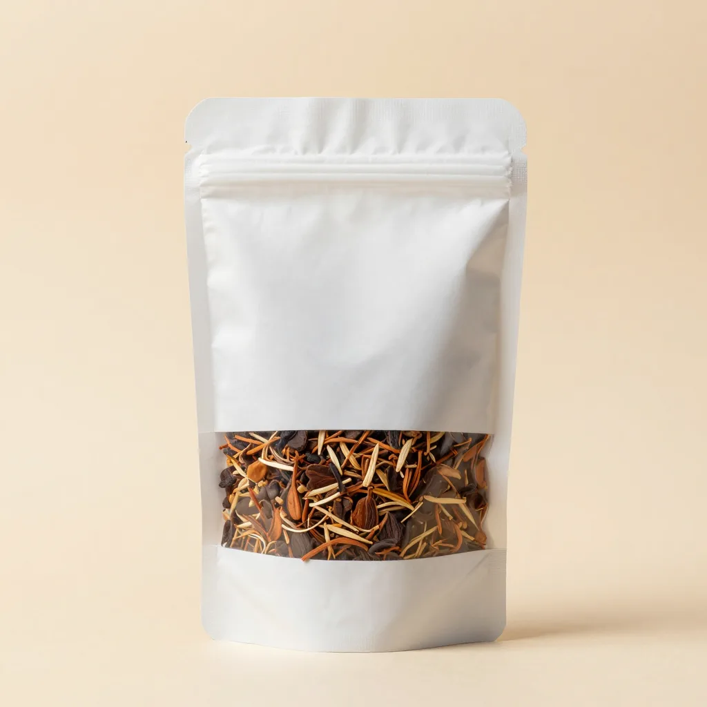 A pouch of cafetiere-cut rooibos on a light background